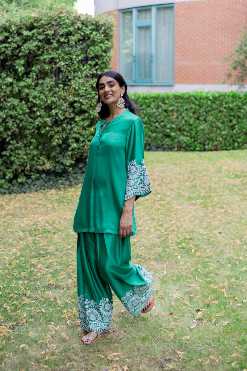 Emerald Green Embroidered Kurta and Farshi Salwar Set
