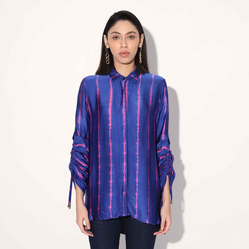 Pink/Purple Shibori Striped Satin Longline Shirt