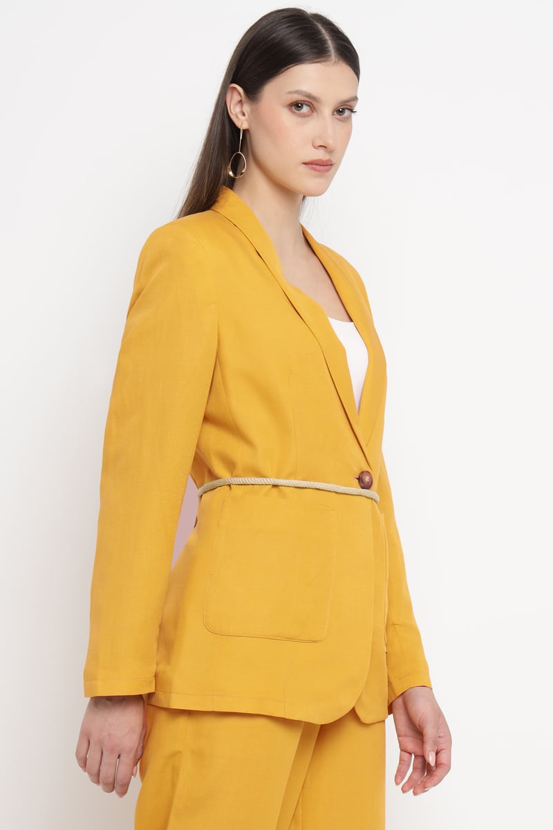 Yellow Single-Button Belted Tailored Blazer