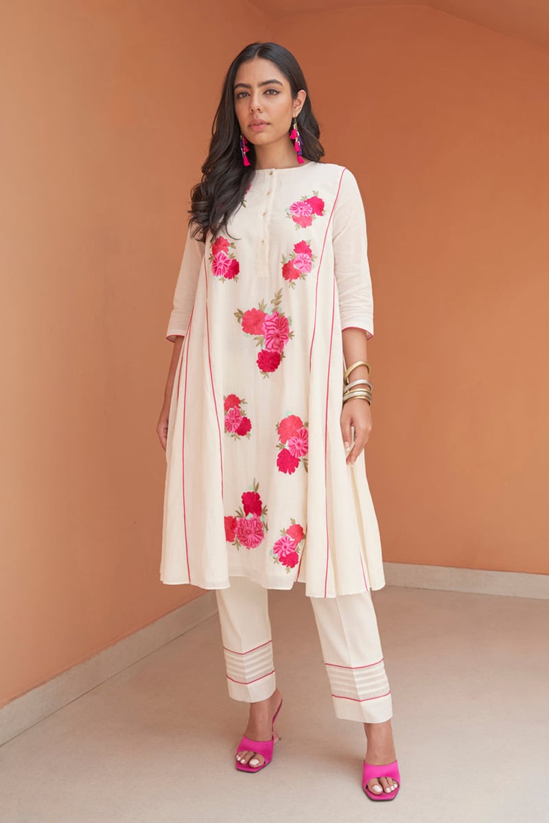 Ivory A-Line Embroidered Kurta Set with Dupatta