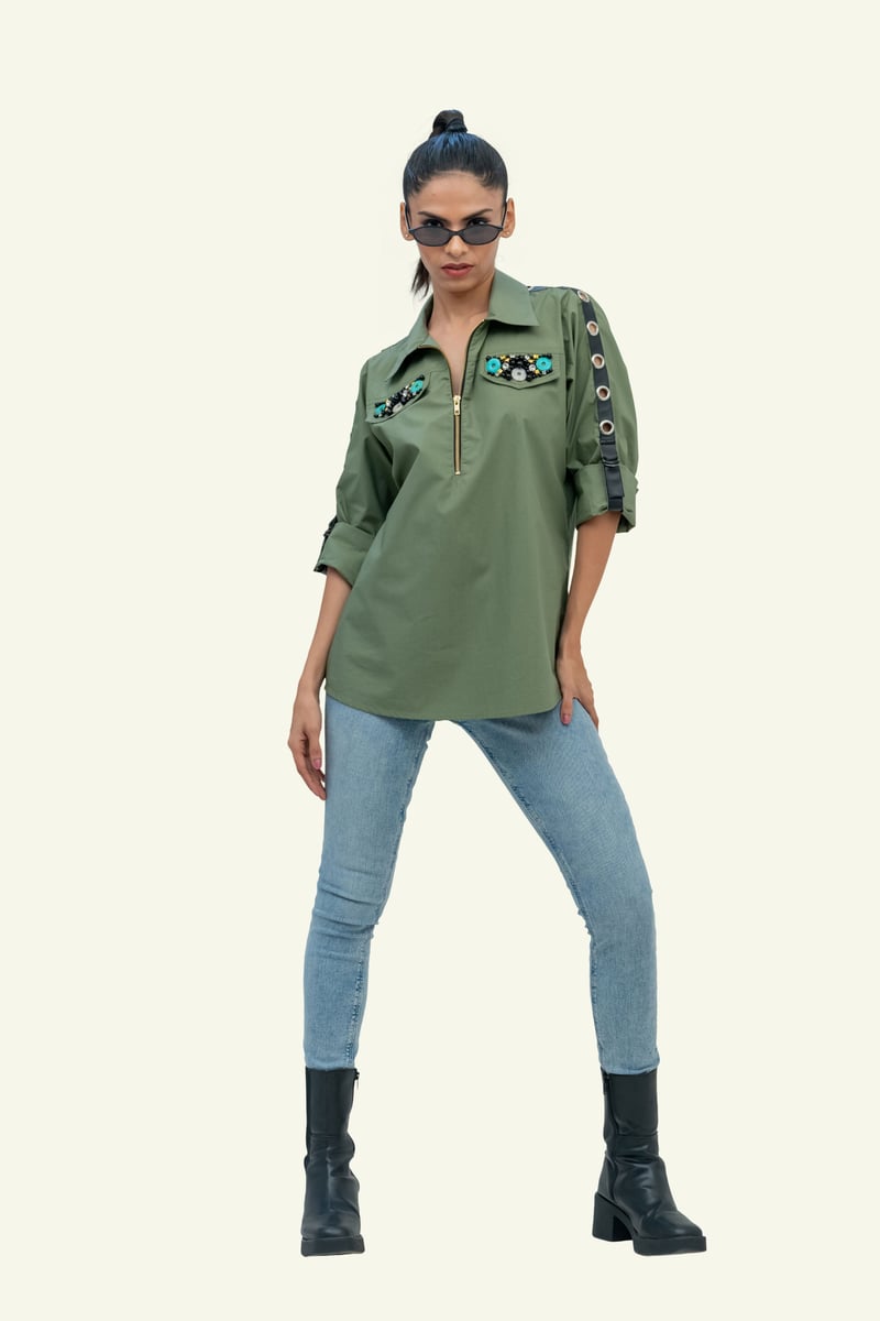 Olive Cotton Shirt with Embroidery on Pockets