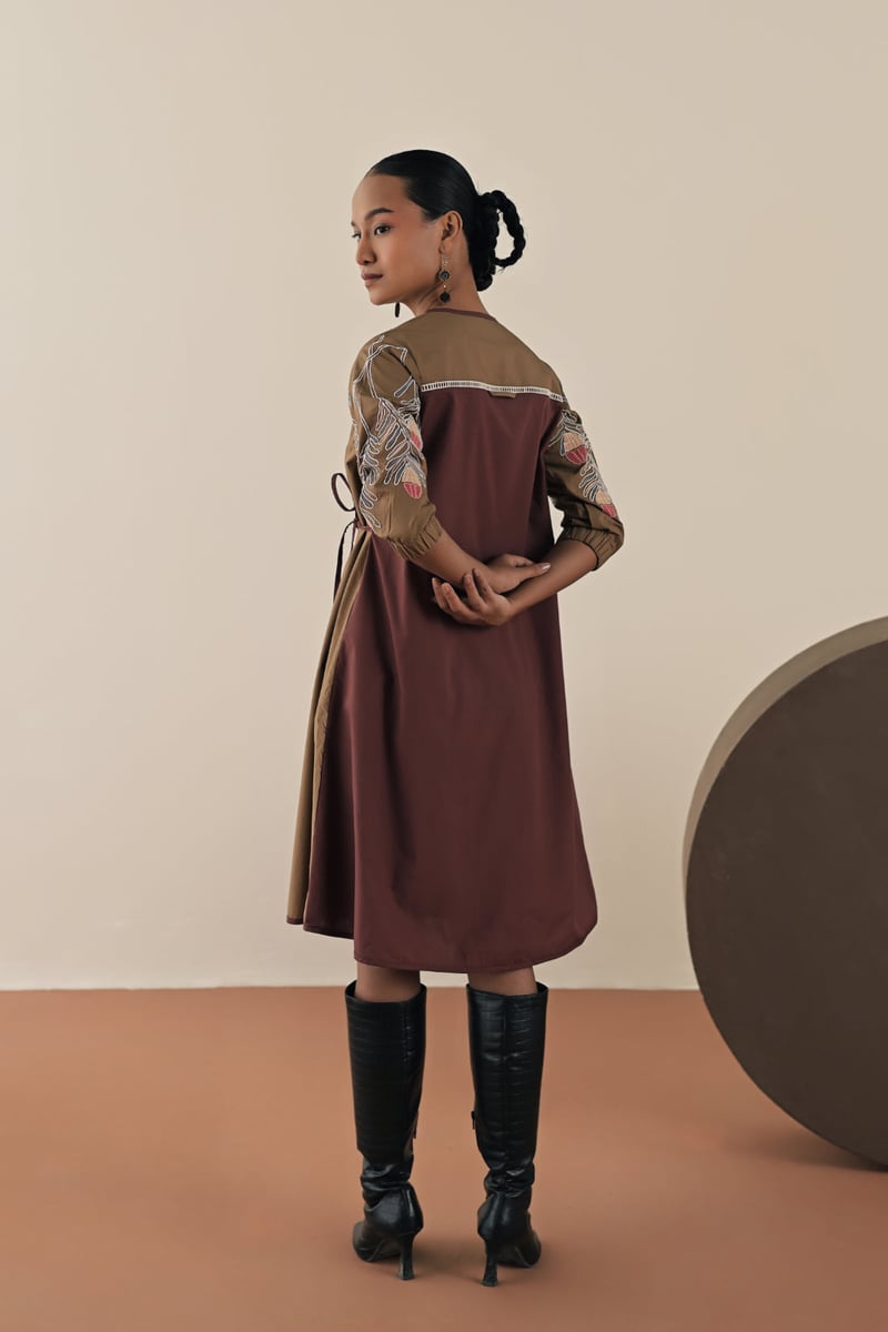 Walnut/Beige Colorblocked Embroidered Wrap Dress