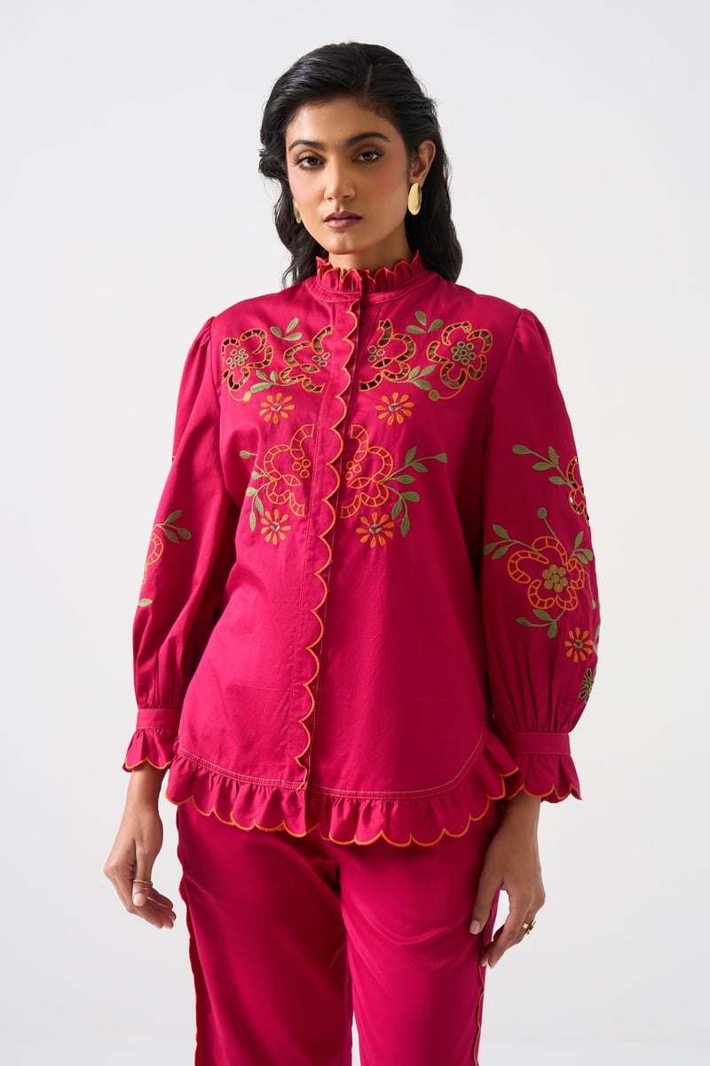Hot Pink Embroidered Ruffle-Trim Mandarin Collar Shirt