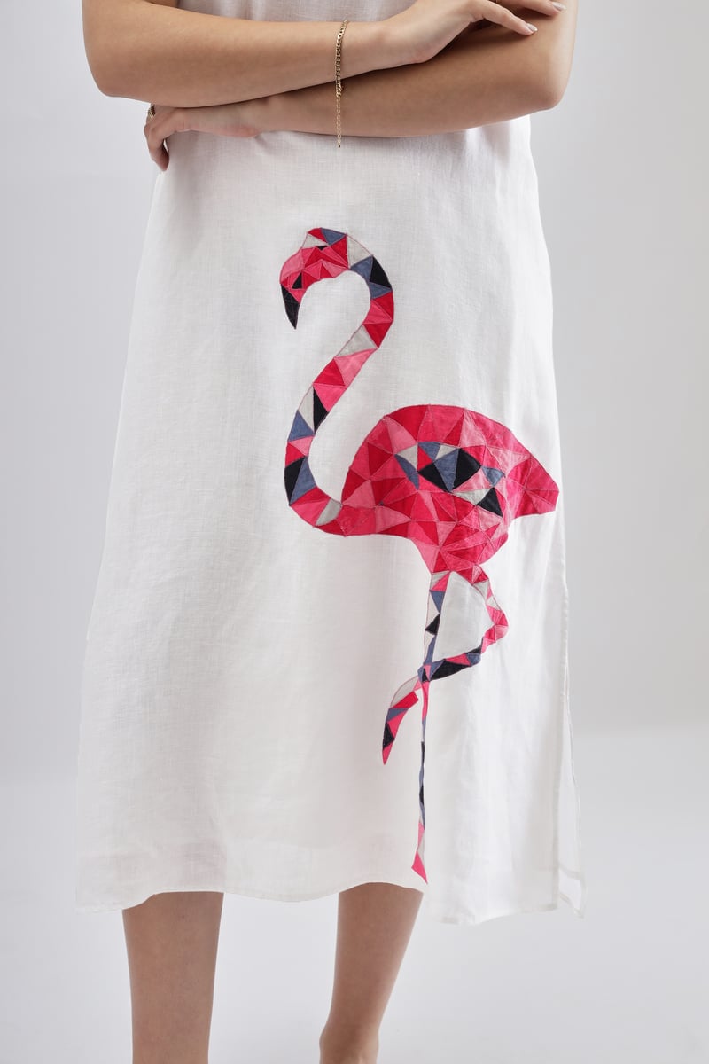 White Linen Sleeveless Midi Dress with Flamingo Motif