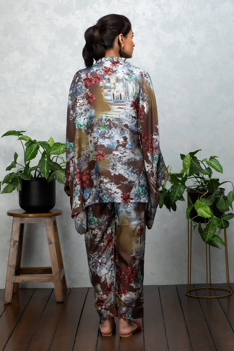 Beige Brown Silk Printed Kaftan Top and Pants Co-ord Set