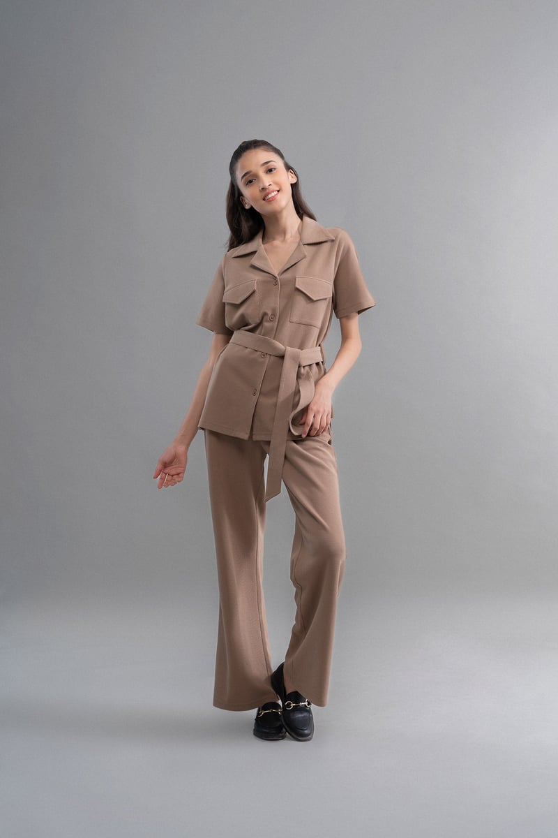 Brown Mini Waffle Belted Safari Shirt