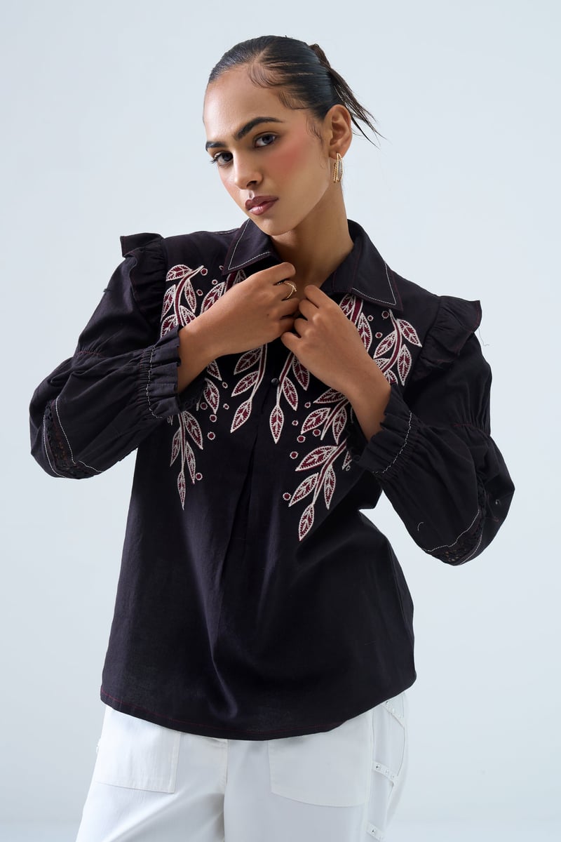 Black Embroidered Ruffle-Shoulder Cotton Flex Shirt