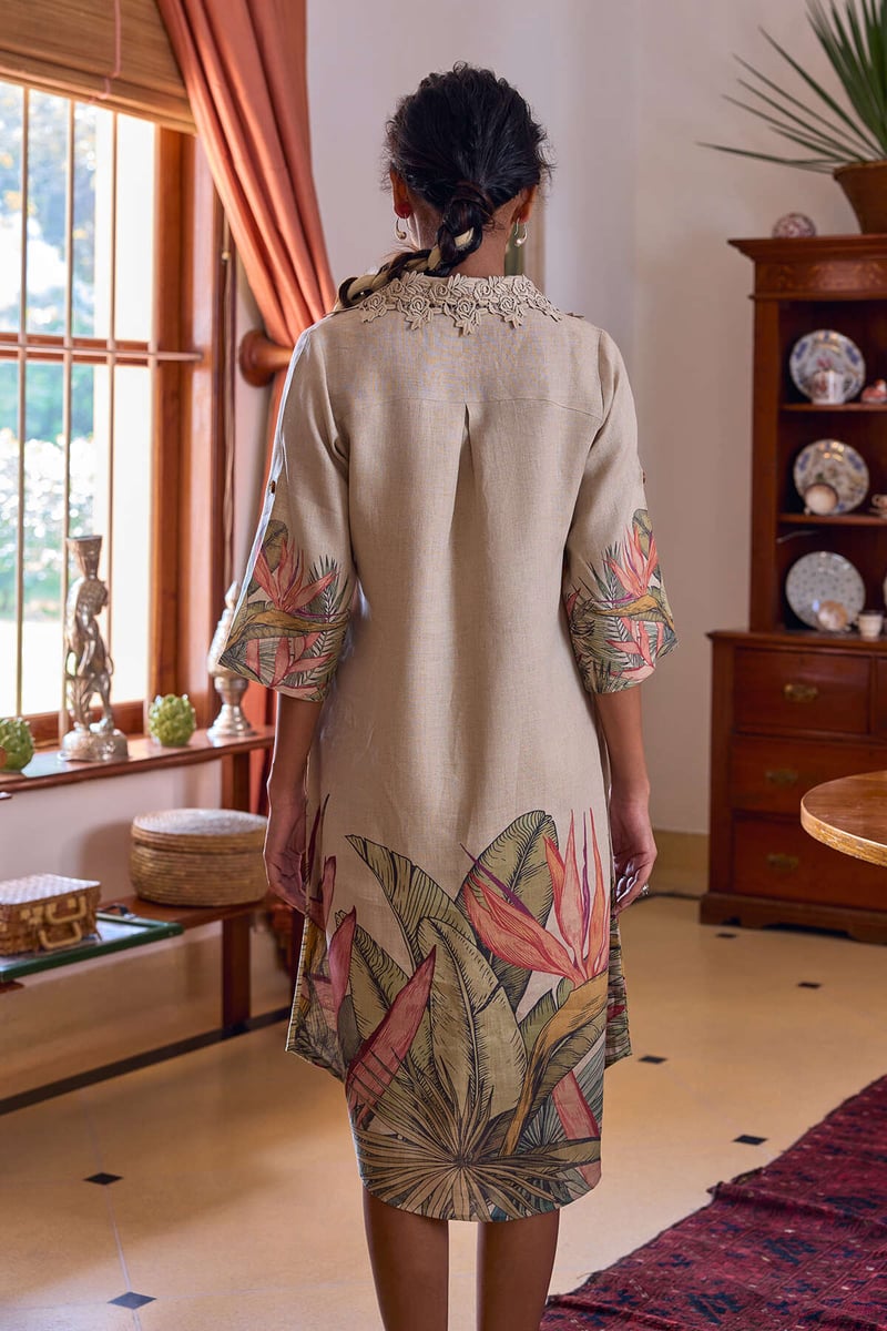 Beige Linen Tropical Print Midi Shirt Dress