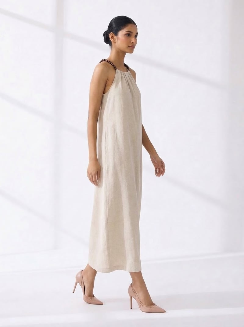 Natural Beige Halter Neck Straight Midi Dress