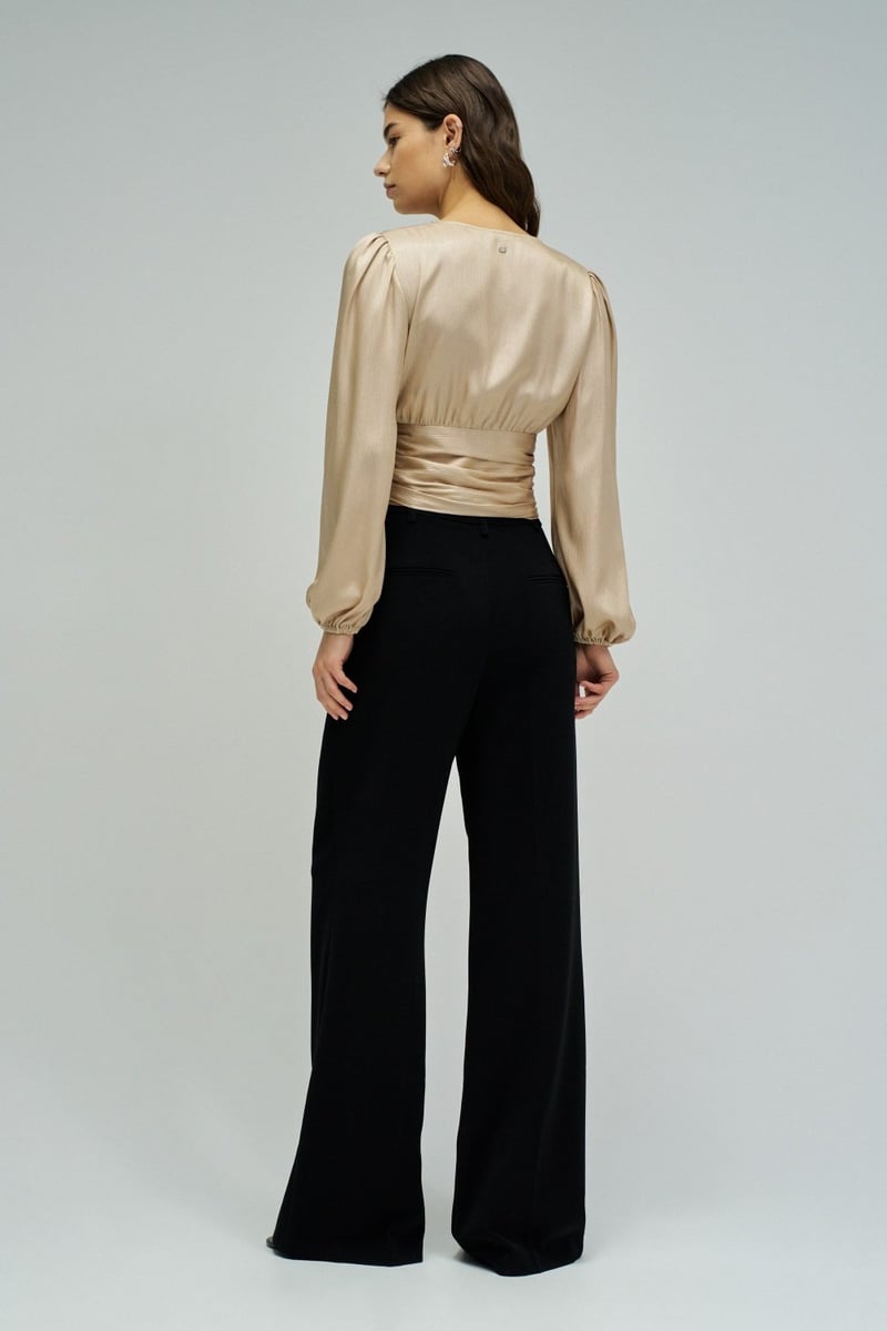 Gold Metallic Ruched Waist Tie-Up Wrap Blouse