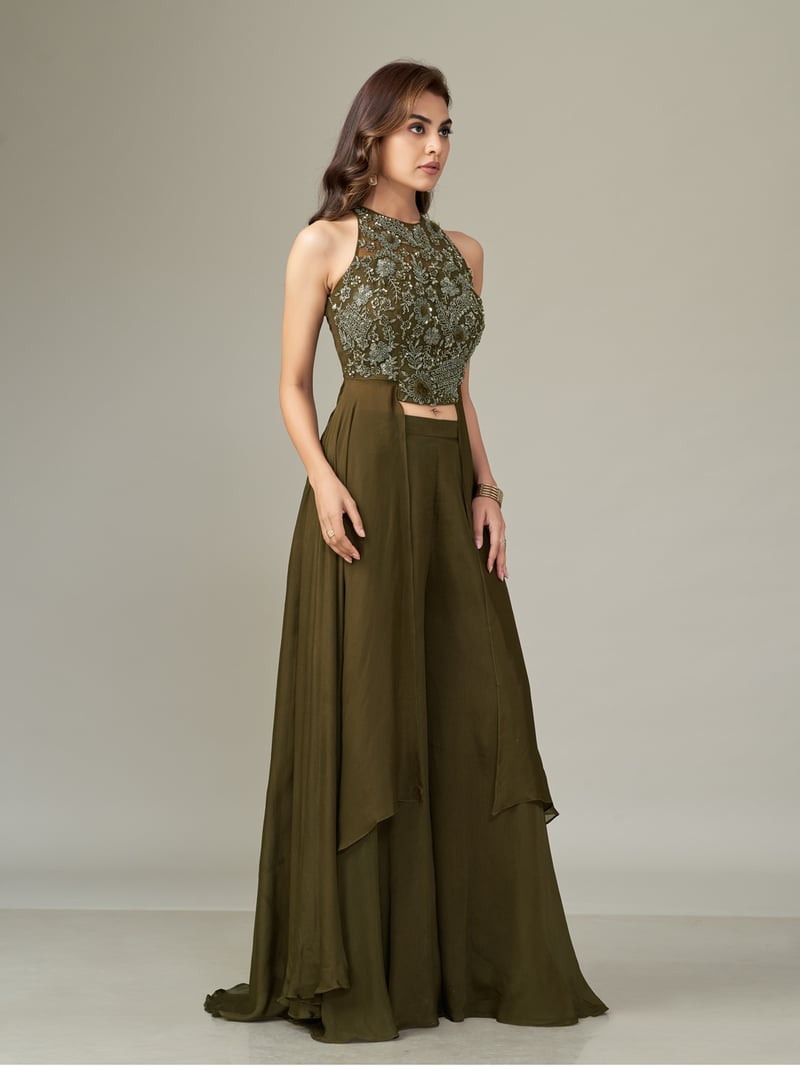 Green Embellished Halter Co-ord Set with Wide-Leg Pants