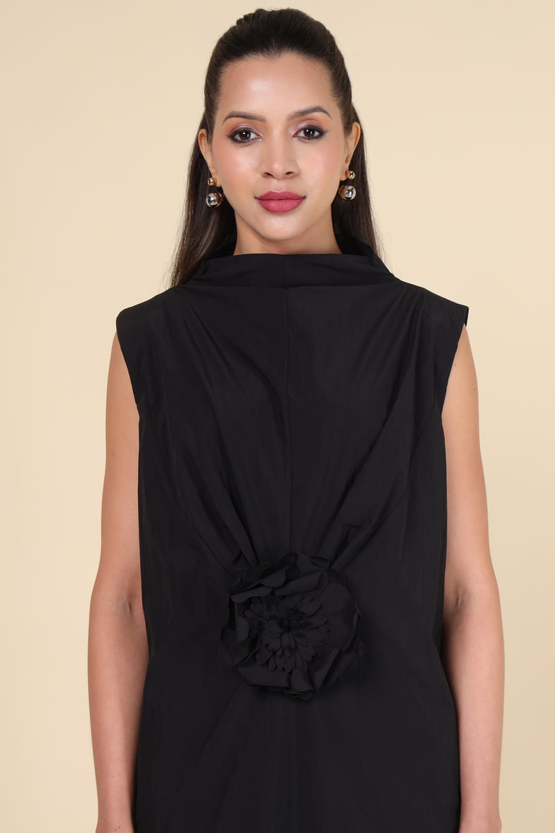 Black High Neck Sleeveless Midi Dress with Waist Rosette