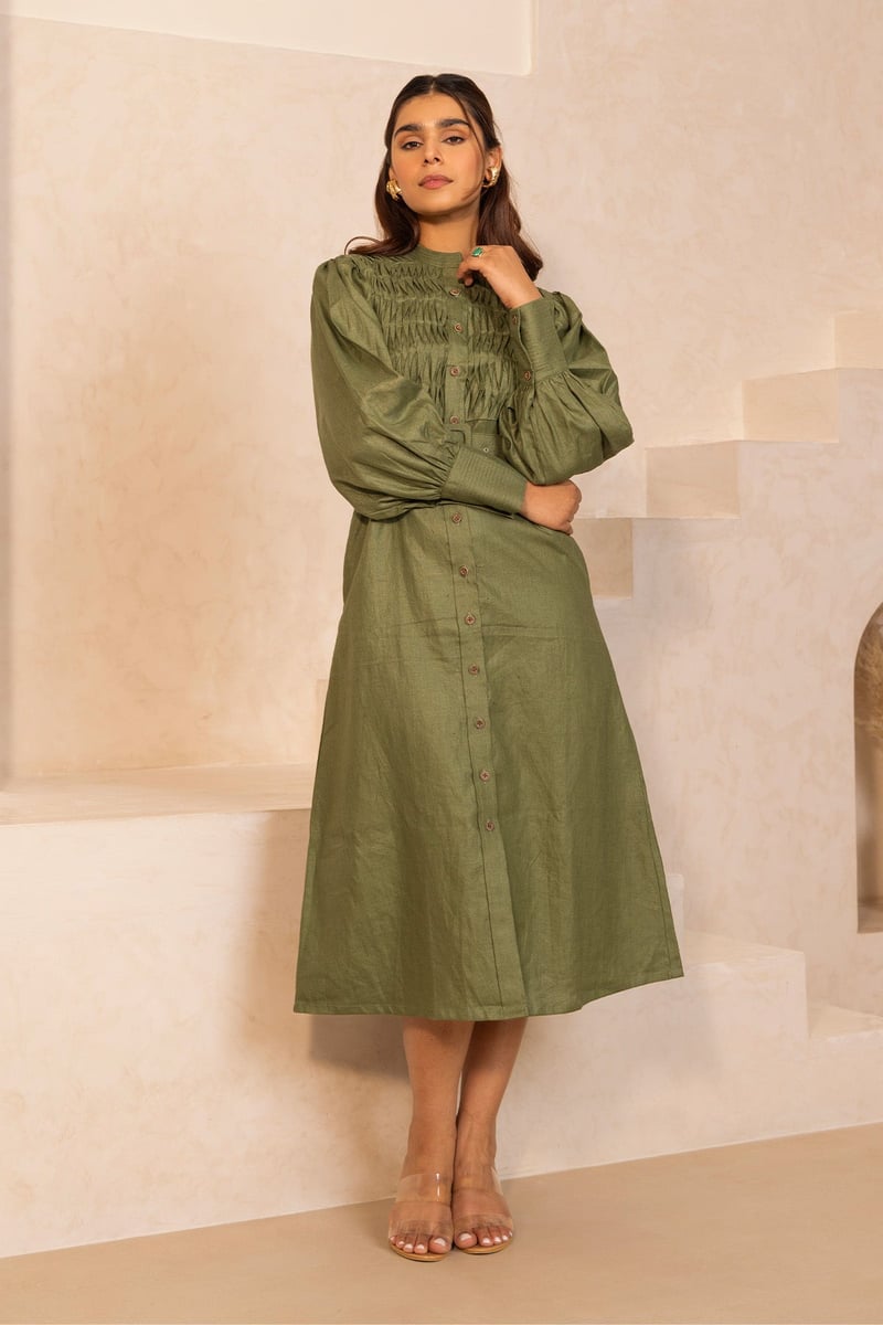 Olive Hemp Midi Shirt Dress with Belt