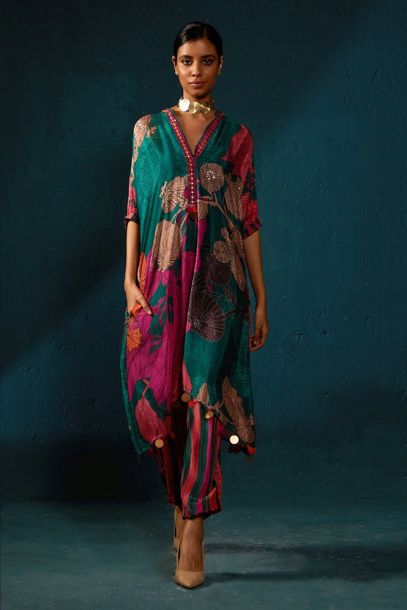 Bottle Green Printed Chiffon Kurta Set with Striped Pants — Basil Leaf