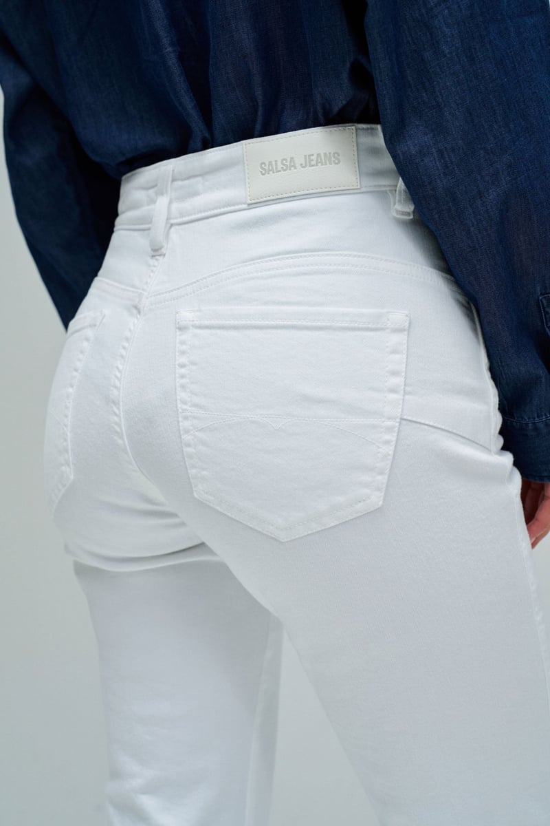 White High-Waist Flare Jeans with Side Hem Opening