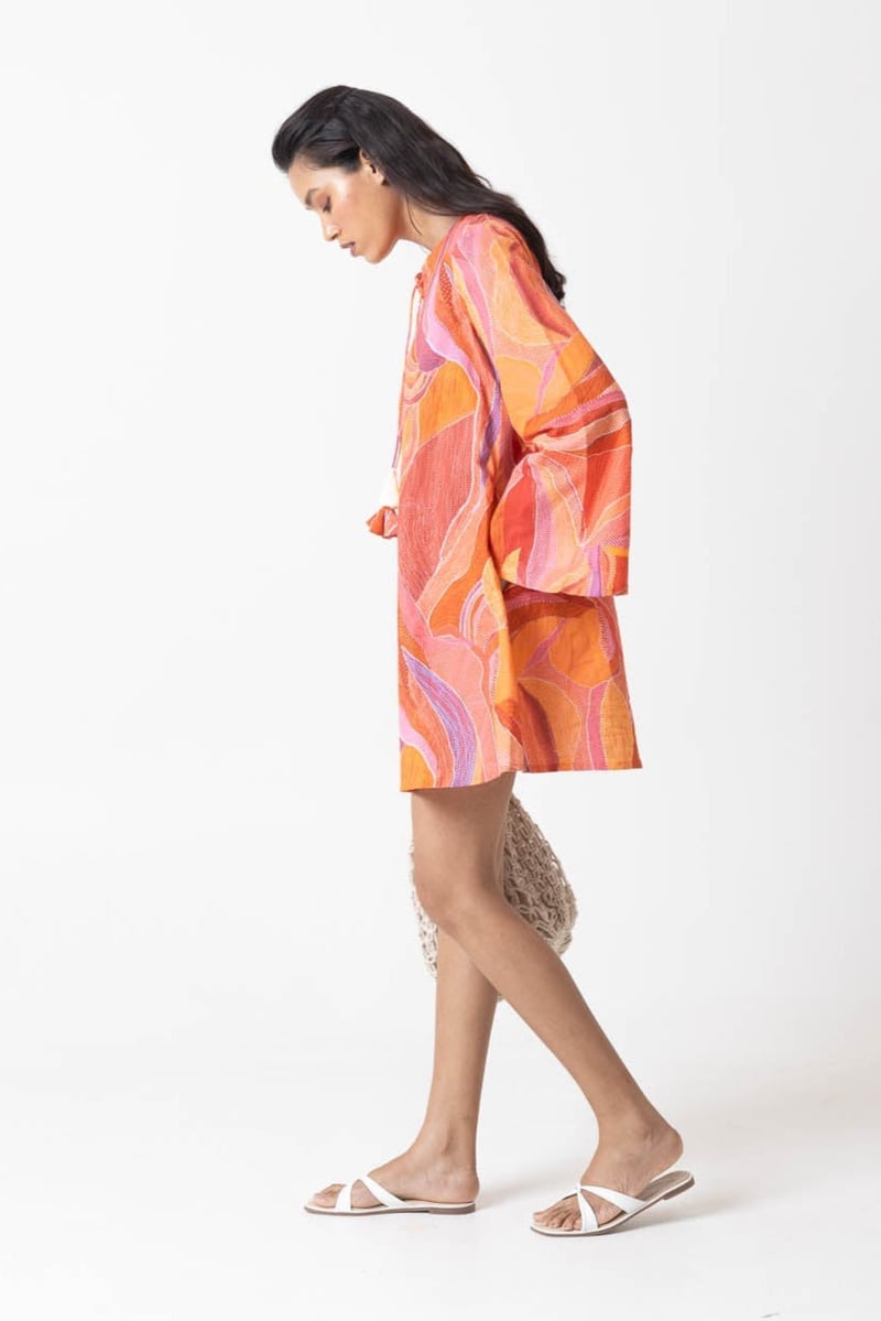 Orange/Multicolor Abstract Print A-Line Mini Dress