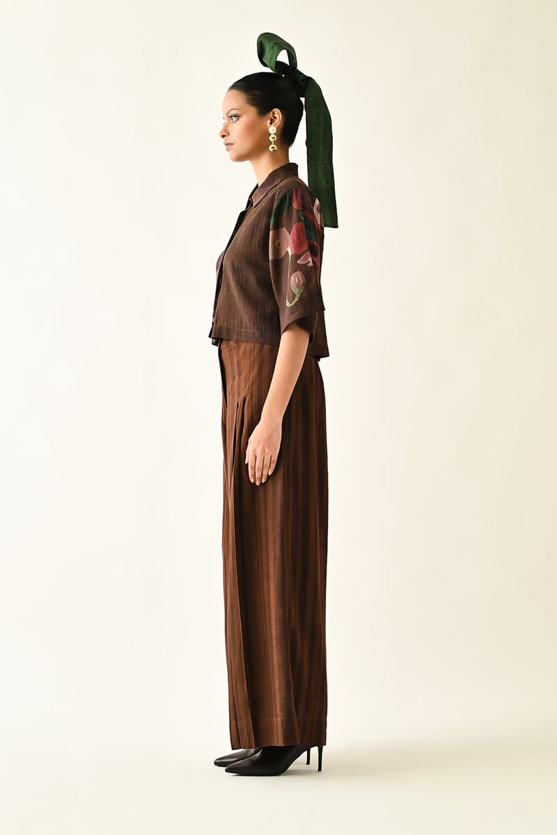 Brown Wide-Leg Pleated Abstract Print Trousers