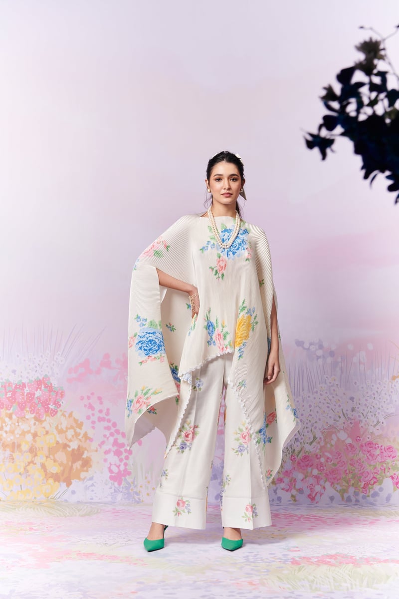 Ivory Pleated Satin Cape with Floral Motifs