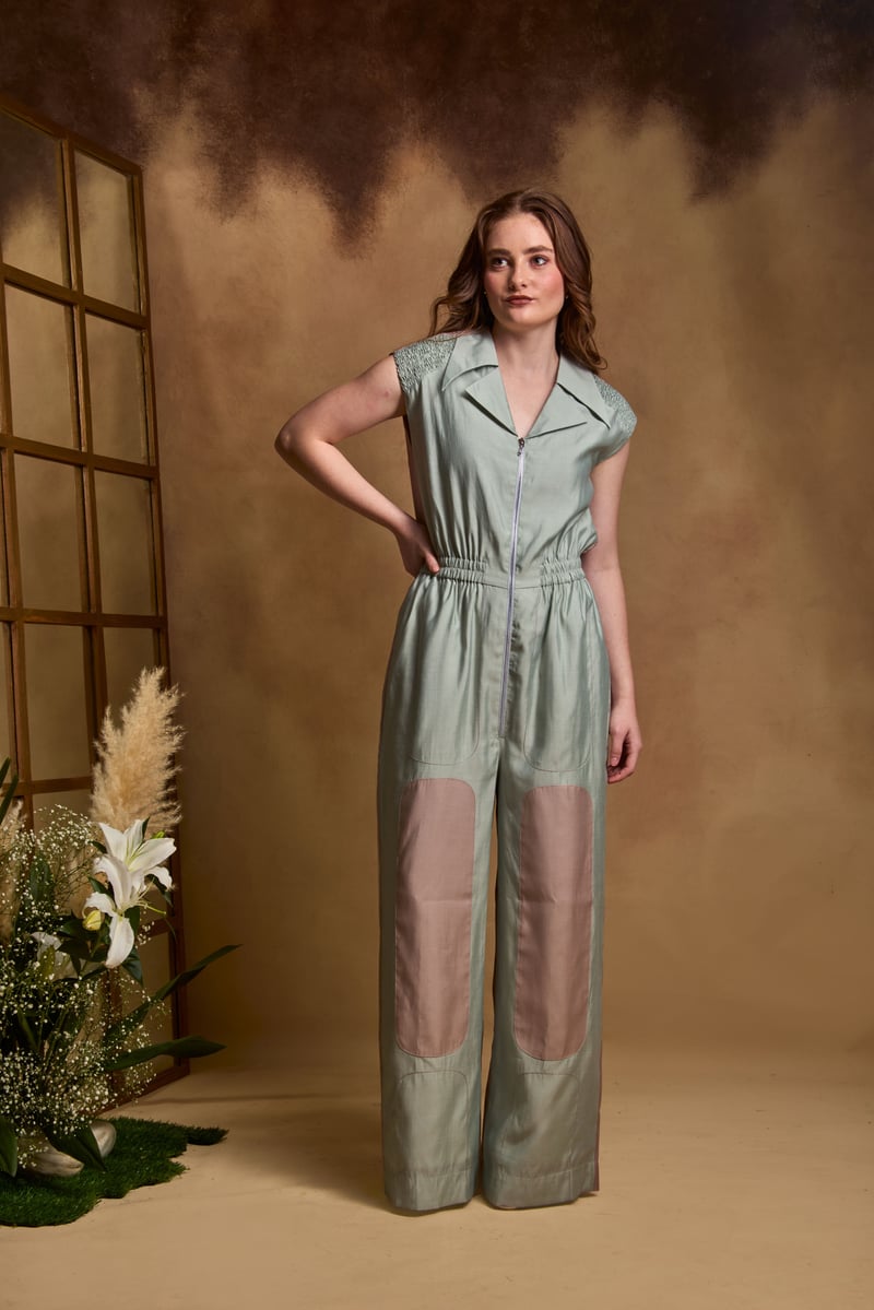 Seagreen Roman Silk Colorblocked Zip-Front Wide-Leg Jumpsuit — An'era by Asmita Verma