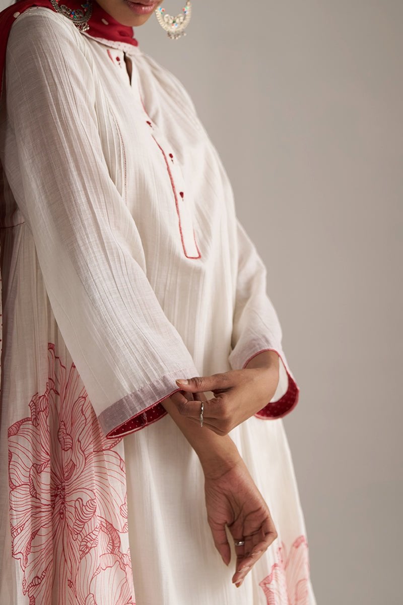Ivory and Maroon Chanderi Floral Print A-Line Kurta Set