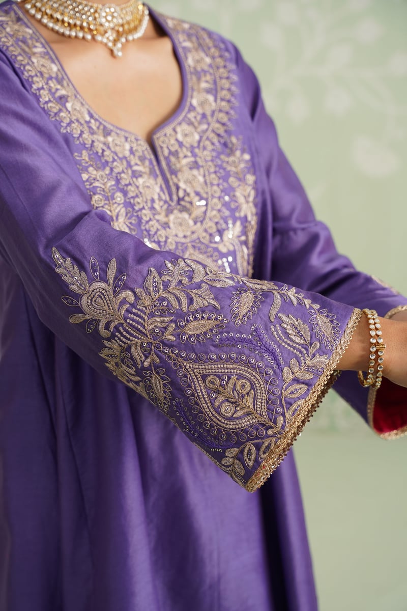 Purple Embroidered Chanderi Kurta Set with Salwar