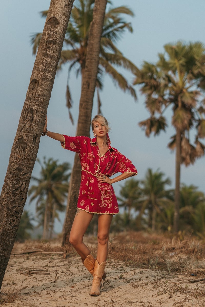 Green Linen Printed Button-Down Mini Shirt Dress