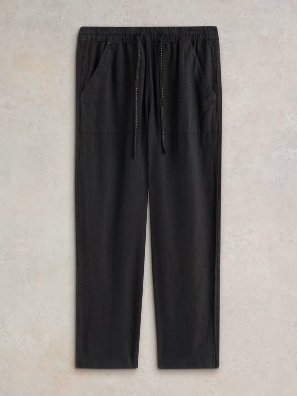 Pure Black Linen Blend Drawstring Tapered Trousers
