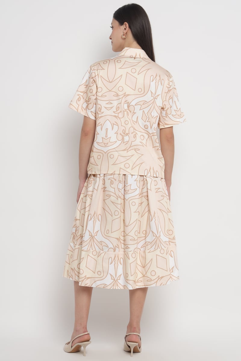 Beige Abstract Geometric Print High-Waist Midi Skirt