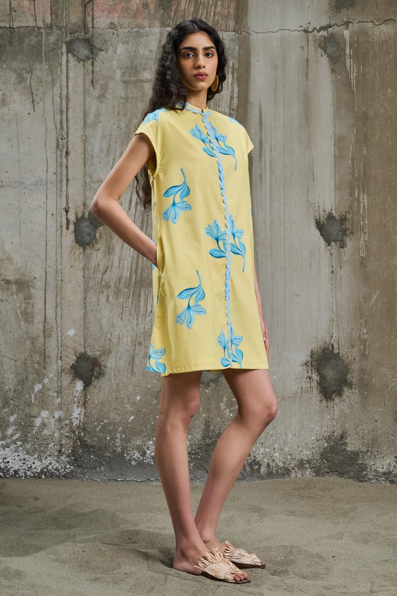 Yellow Floral Print Mini Shift Dress with Front Zip
