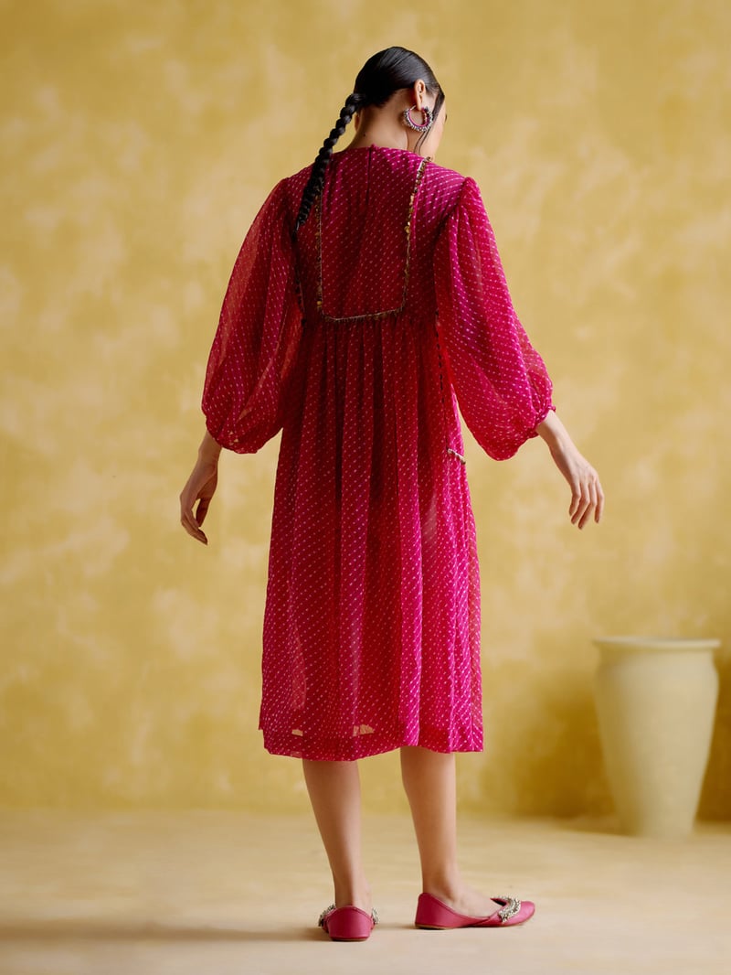 Purple Lehriya Printed Midi Kurta with Embellished Yoke