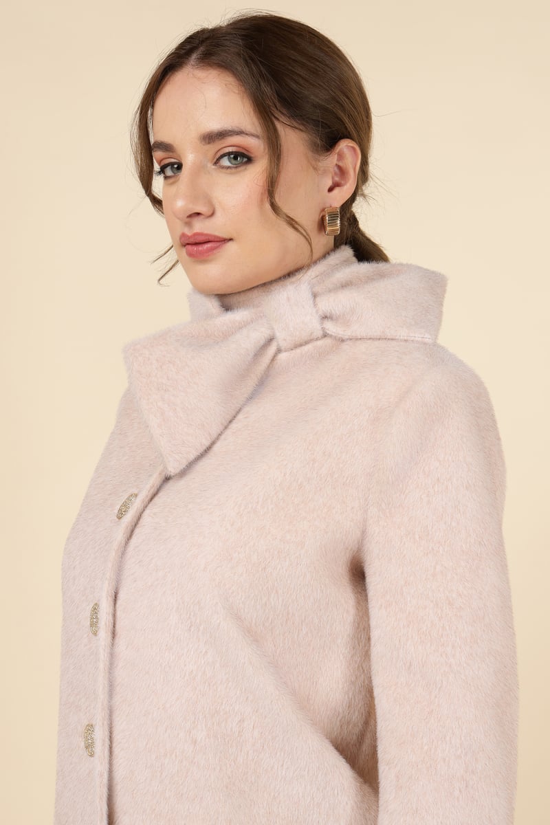 Light Pink High Neck Bow Detail Button-Front Jacket