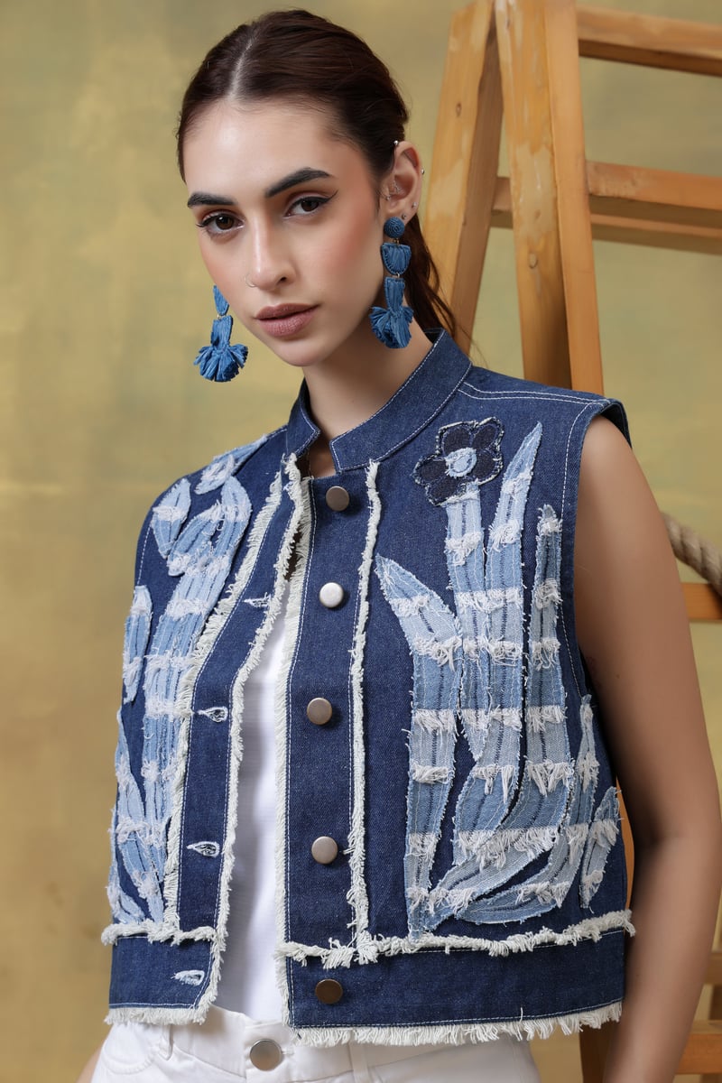 Medium Denim Blue Appliqué Cropped Waistcoat