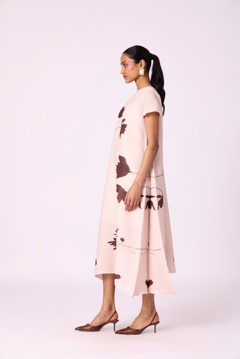 Nude Beige Pleated Floral Midi Dress