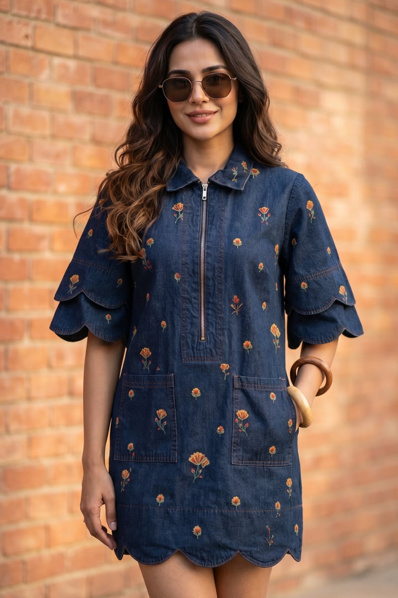 Blue Denim Embroidered Shift Mini Dress with Front Zip