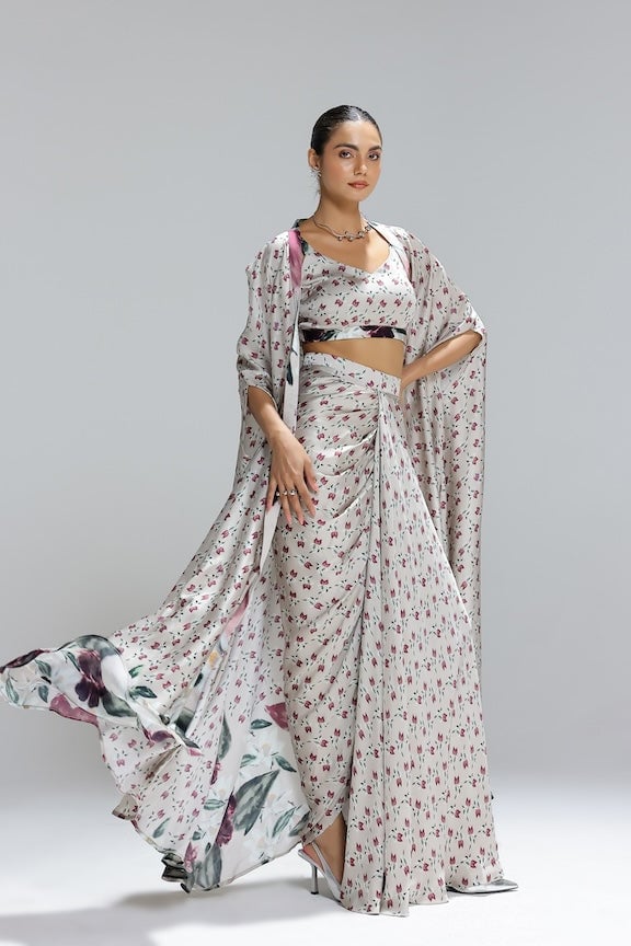 Beige Floral Bustier, Draped Maxi Skirt and Shrug Set