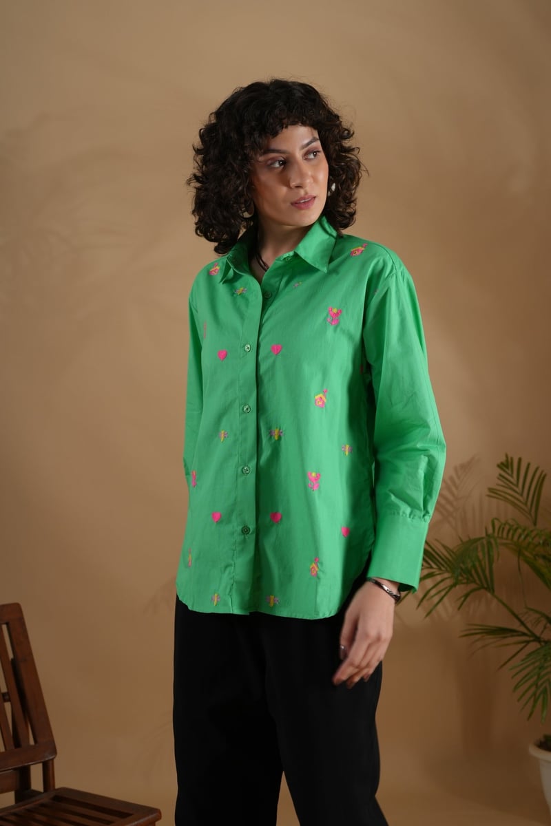 Green Oversized Embroidered Cotton Shirt