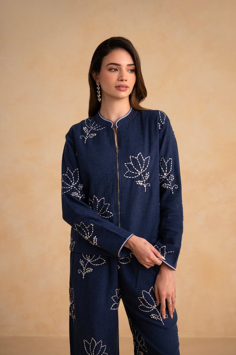 Dark Blue Embroidered Zip-Up Jacket and Pant Co-ord Set