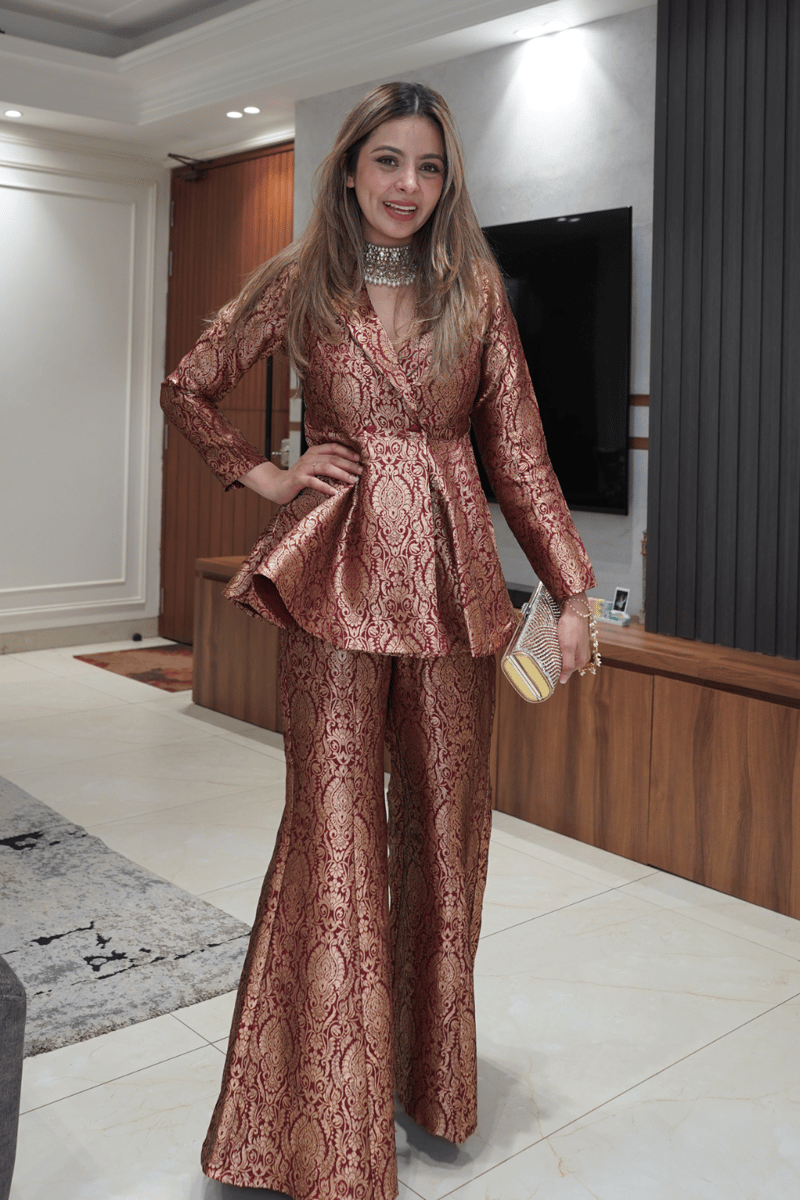 Maroon Brocade Peplum Top and Flared Pants Co-ord Set