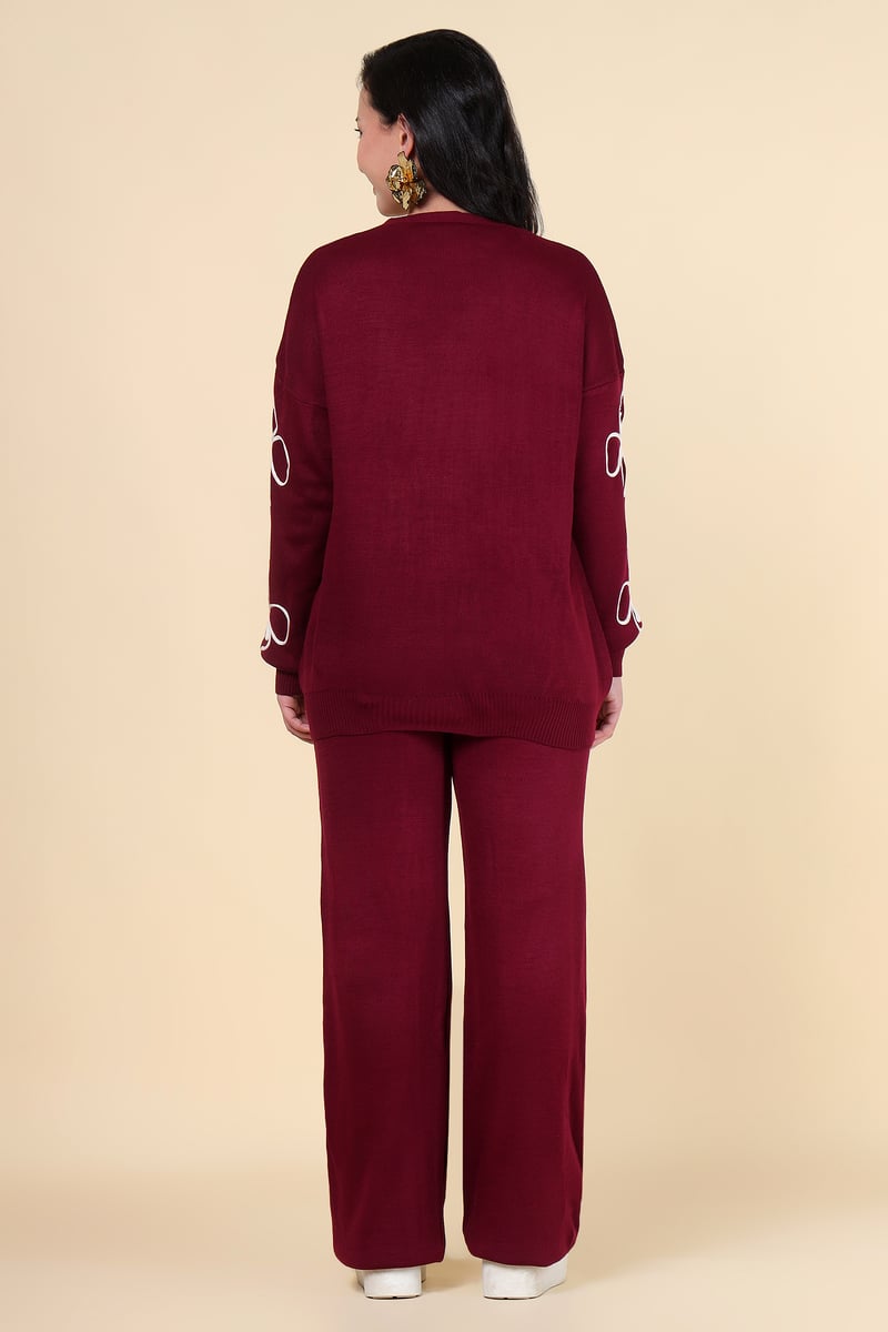 Burgundy Knit Cardigan and Wide-Leg Pants Co-ord Set