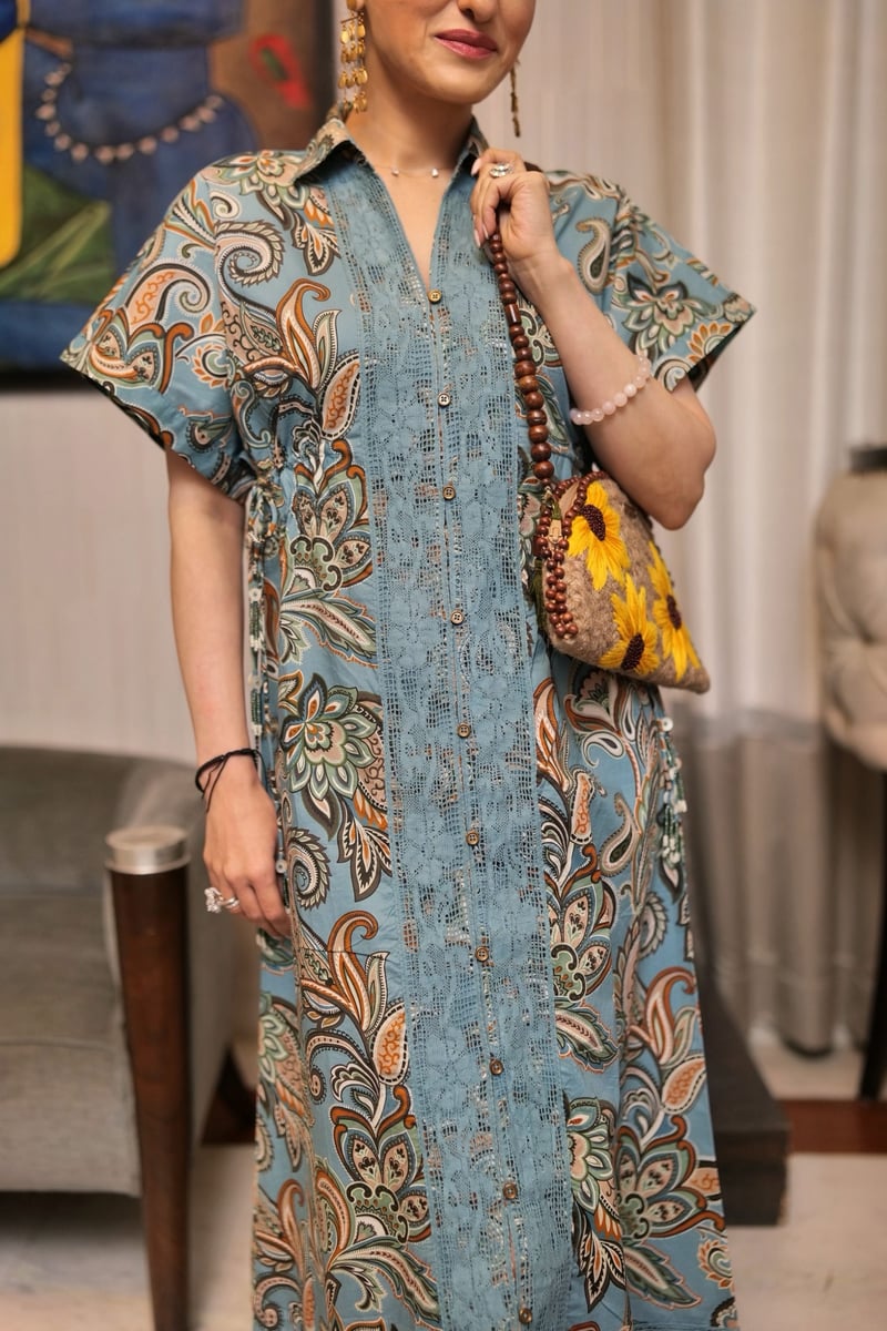 Blue Paisley Print Midi Shirt Dress with Waist Ties