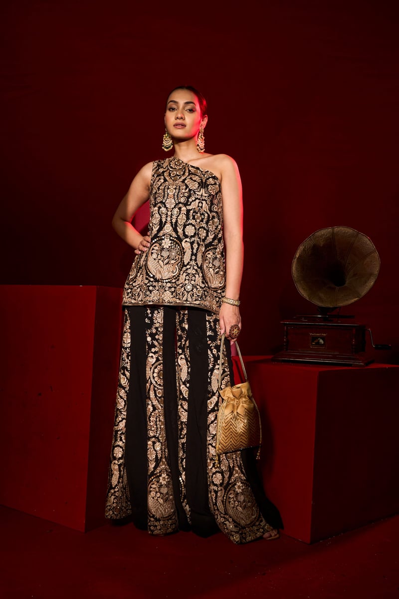 Black and Gold One-Shoulder Cape Co-ord Set