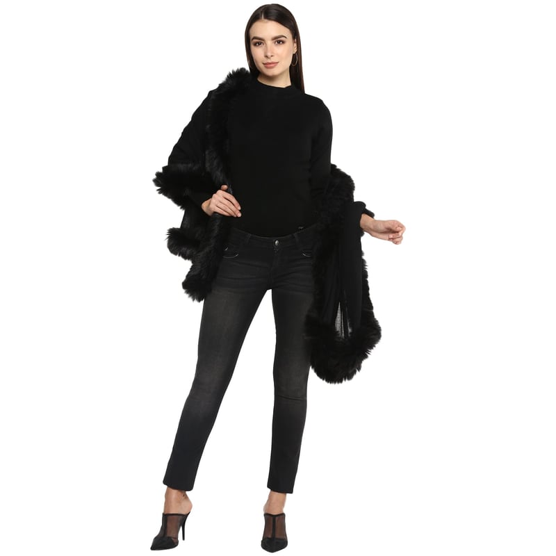 Black Wool Stole with Faux-Fur Trim