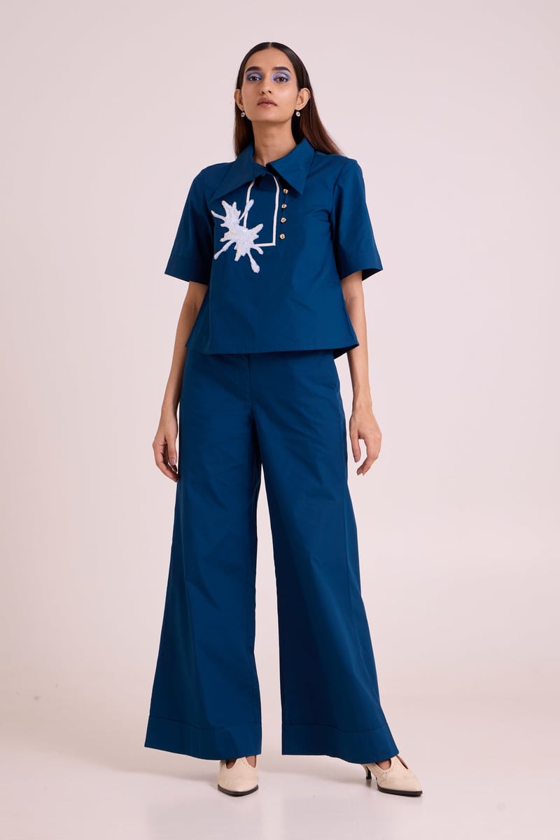 Cobalt Blue Shirt and Wide-Leg Pants Co-ord Set