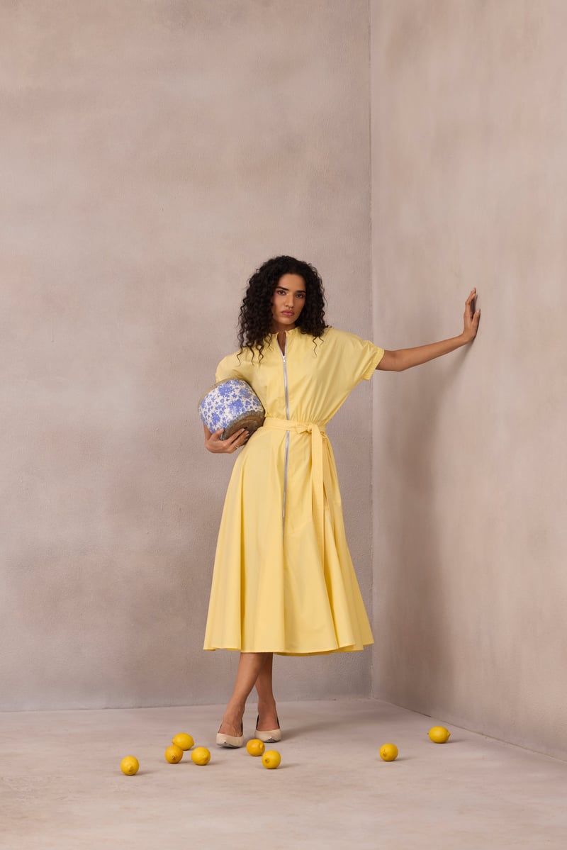 Lemon Sorbet Zip-Front Fit and Flare Midi Dress