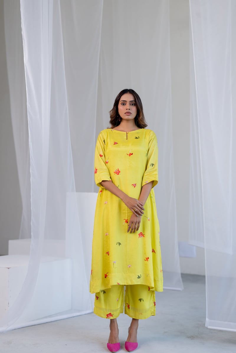 Lime Green Silk Voile Floral Printed Kurta Set with Pants