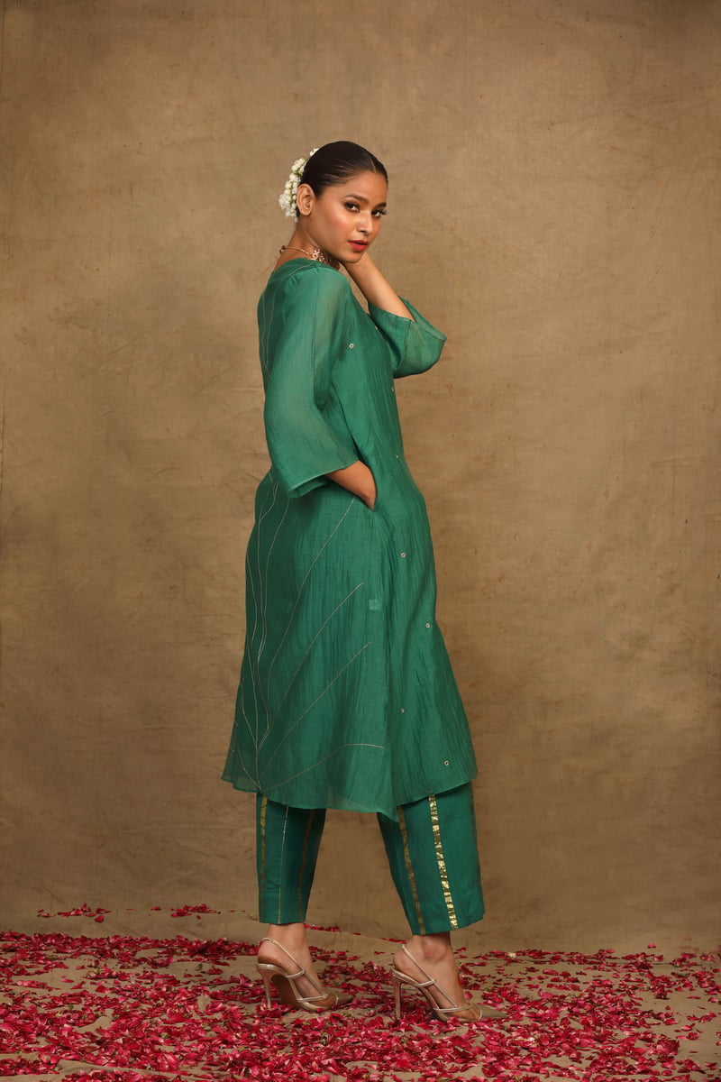 Emerald Green Mirror Work Silk Chanderi Kurta Set