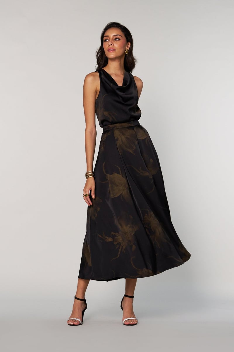 Black Satin Cowl Neck Sleeveless Printed Top