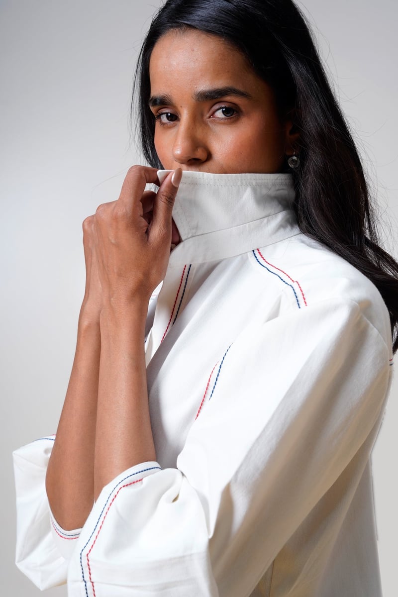 White Denim Mini Shirt Dress with Contrast Patch Pocket