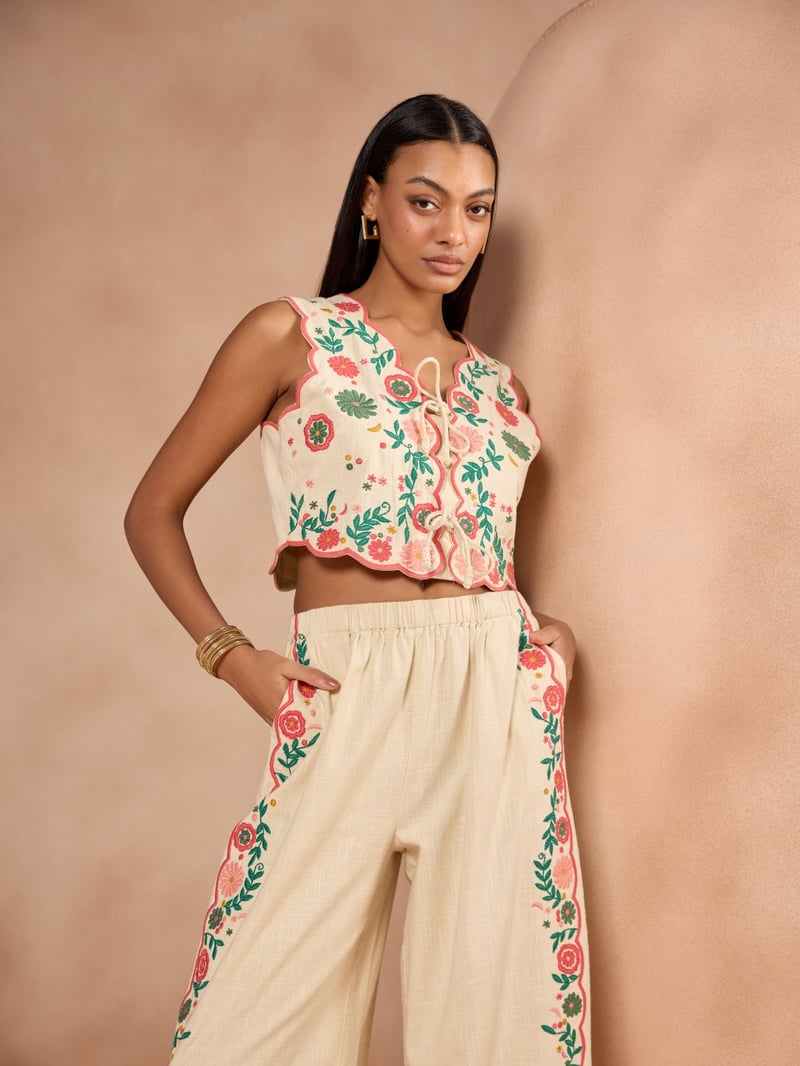 Cream Embroidered Tie-Up Crop Top