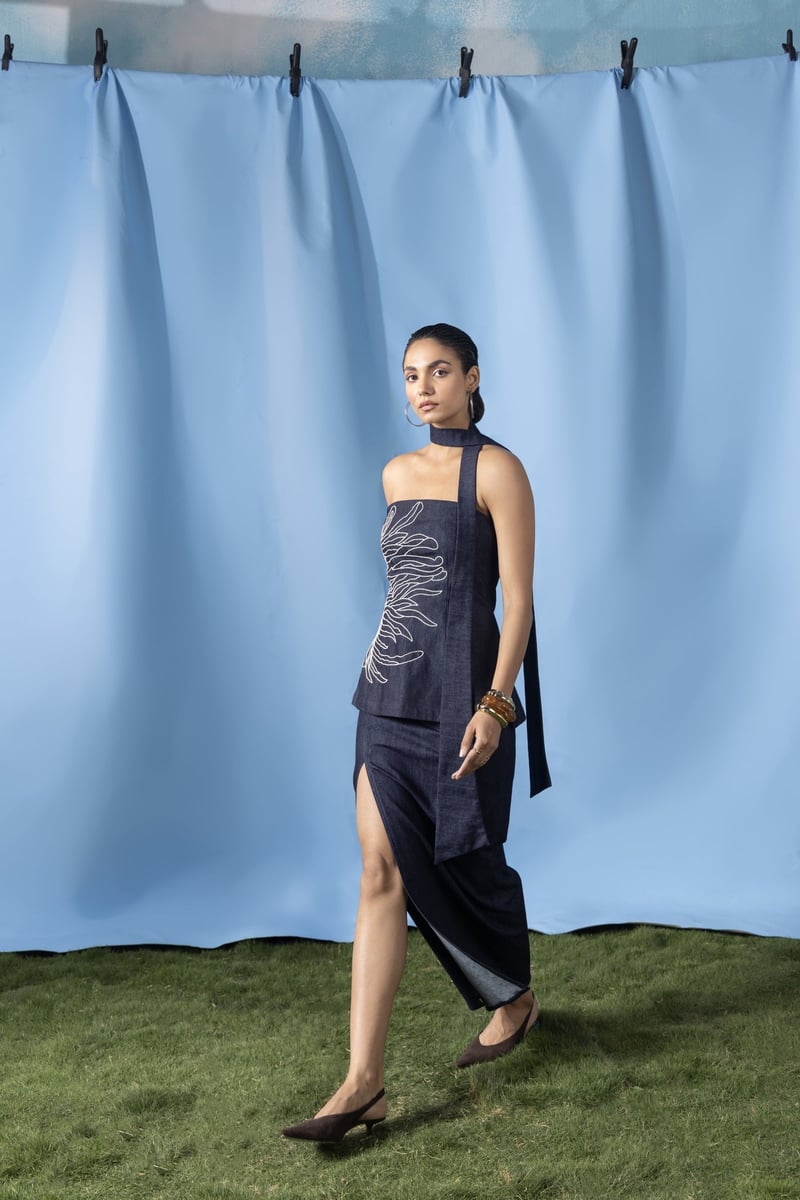 Navy Denim Tube Top and Maxi Slit Skirt Co-ord Set